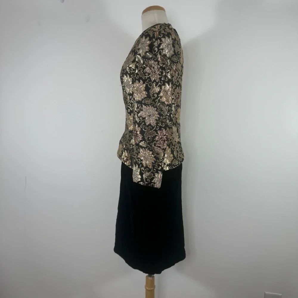 VTG JESSICA McCLINTOCK Velvet Brocade Party Dress Puff Black Gold Ball Gown 10